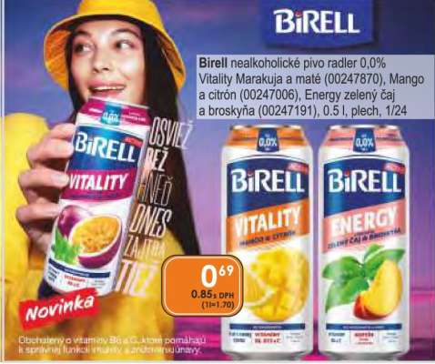 Birell nealkoholické pivo radler 0,0% Vitality Marakuja a maté