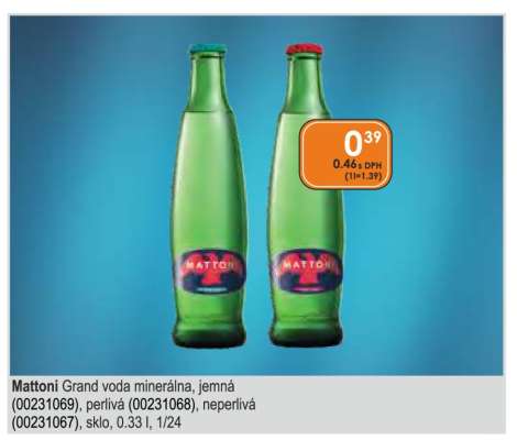 Mattoni Grand voda minerálna, jemná (00231069), perlivá (00231068), neperlivá (00231067), sklo, 0.33 l, 1/24