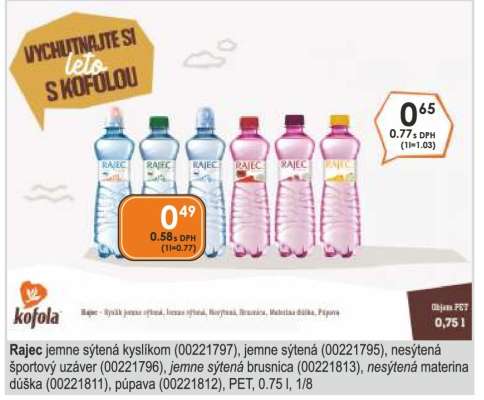 Rajec jemne sýtená kyslikom (00221797), jemne sýtená (00221795), nesýtená športový uzáver (00221796), jemne sýtená brusnica (00221813), nesýtená materina dúška (00221811), púpava (00221812), PET, 0.75 l, 1/8