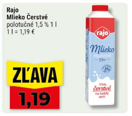 Rajo Mlieko Čerstvé polotučné 1,5% 1 l
