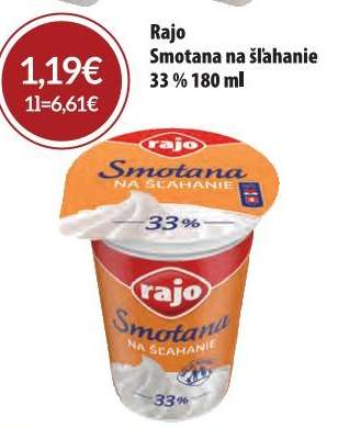 Rajo Smotana na šľahanie 33% 180 ml