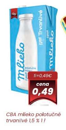CBA mlieko polotučné trvanlivé 1,5 % 1 l