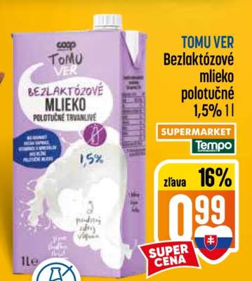 TOMU VER Bezlaktózové mlieko polotučné 1,5% 1l