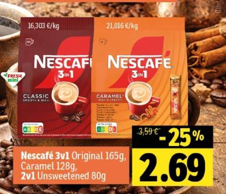 Nescafé 3v1 Original 165g, Caramel 128g, 2v1 Unsweetened 80g