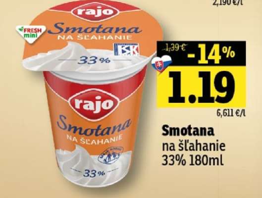 Smotana na šľahanie 33% 180ml