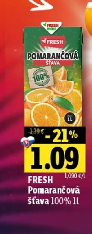 FRESH Pomarančová šťava 100% 1l