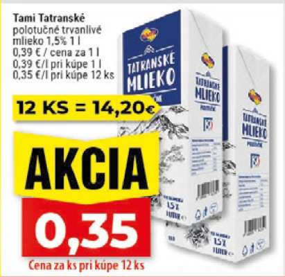 Tami Tatranské polotučné trvanlivé mlieko 1,5% 1 l