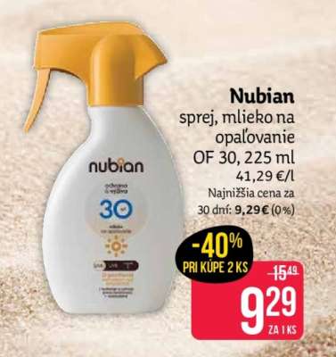 Nubian sprej, mlieko na opaľovanie OF 30, 225 ml