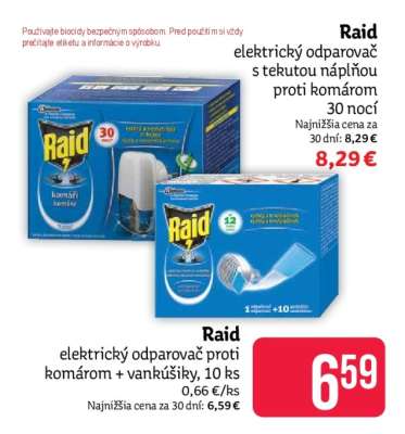 Raid elektrický odparovač proti komárom + vankúšiky, 10 ks