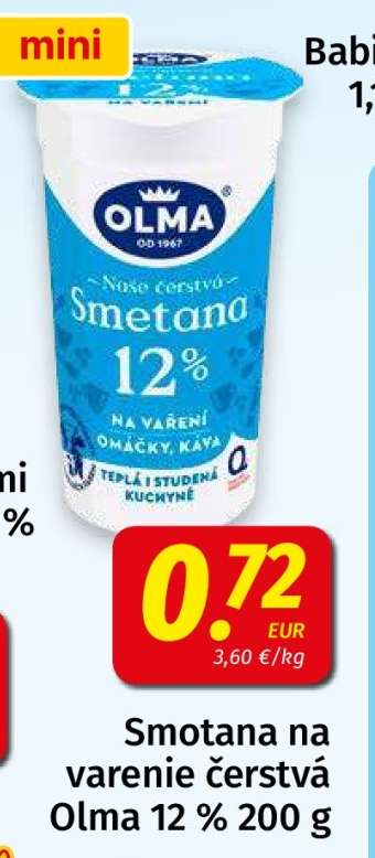 Smotana na varenie čerstvá Olma 12% 200 g