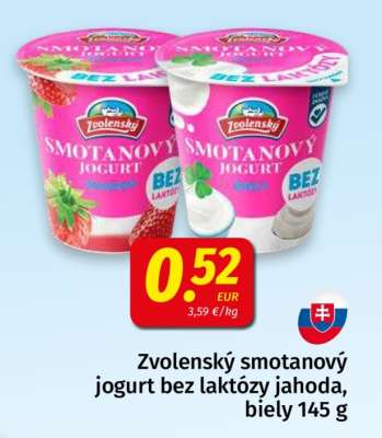 Zvolenský smotanový jogurt bez laktózy jahoda, biely 145 g