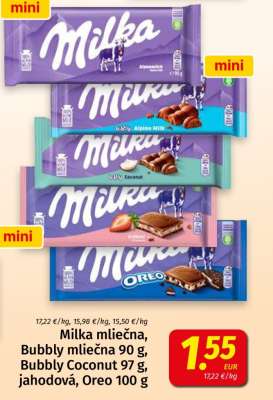Milka mliečna, Bubbly mliečna 90 g, Bubbly Coconut 97 g, jahodová, Oreo 100 g