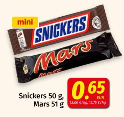 Snickers 50 g, Mars 51 g