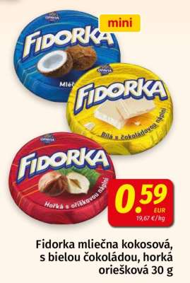 Fidorka mliečna kokosová, s bielou čokoládou, horká oriešková 30 g