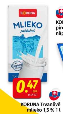 KORUNA Trvanlivé mlieko 1,5% 1 l