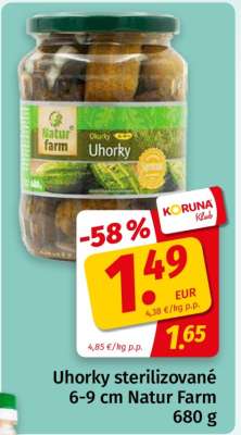 Uhorky sterilizované 6-9 cm Natur Farm 680 g