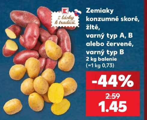 Zemiaky konzumné skoré, žlté, varný typ A, B alebo červené, varný typ B