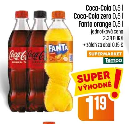 Coca-Cola 0,5 l, Coca-Cola zero 0,5 l, Fanta orange 0,5 l