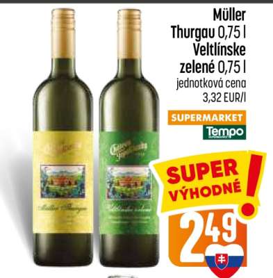 Müller Thurgau 0,75 l / Veltlínske zelené 0,75 l