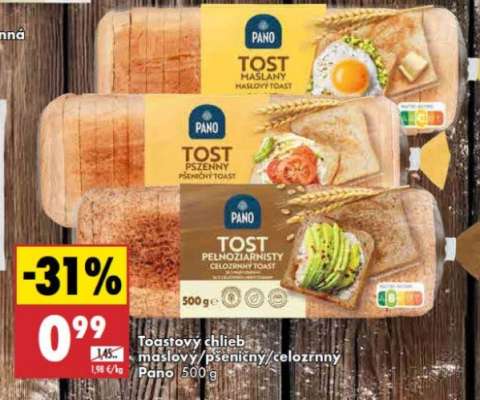 Toastový chlieb maslový/pšeničný/celozrnný Pano 500 g