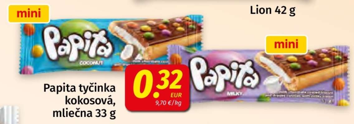 Papita tyčinka kokosová, mliečna 33 g