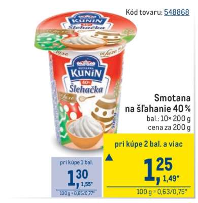 Smotana na šľahanie 40 %