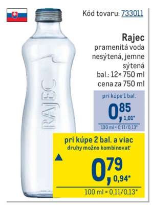Rajec pramenitá voda nesýtená, jemne sýtená