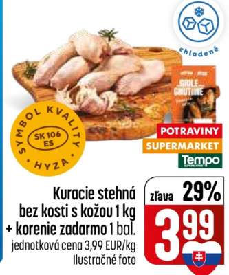 Kuracie stehná bez kosti s kožou 1 kg + korenie zadarmo 1 bal.
