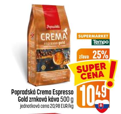 Popradská Crema Espresso Gold zrnková káva 500 g