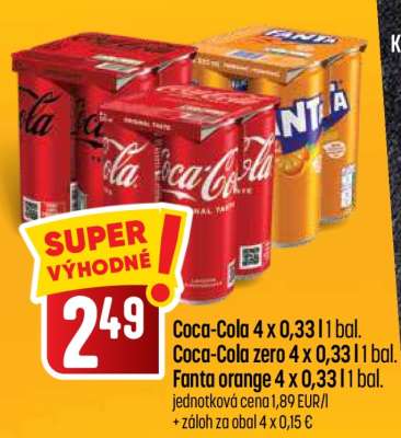 Coca-Cola 4 x 0,33 l, Coca-Cola zero 4 x 0,33 l, Fanta orange 4 x 0,33 l