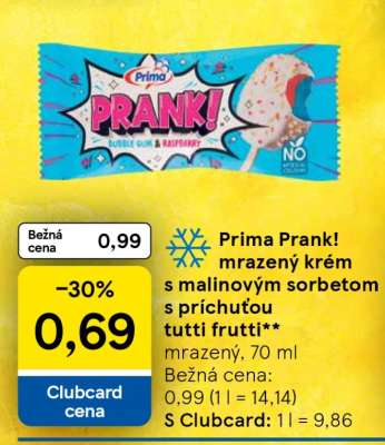 Prima Prank! mrazený krém s malinovým sorbetom s príchuťou tutti frutti**