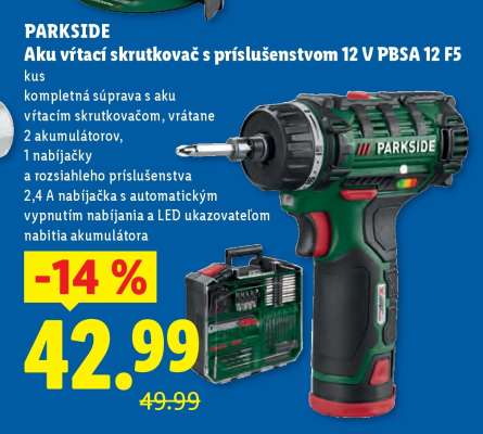PARKSIDE Aku vŕtací skrutkovač s príslušenstvom 12 V PBSA 12 F5