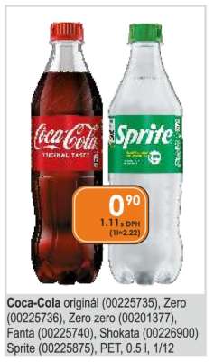 Coca-Cola originál (00225735), Zero (00225736), Zero zero (00201377), Fanta (00225740), Shokata (00226900) Sprite (00225875), PET, 0.5 l, 1/12
