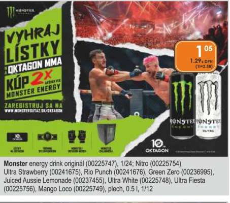Monster energy drink originál (00225747), 1/24; Nitro (00225754) Ultra Strawberry (00241675), Rio Punch (00241676), Green Zero (00236995), Juiced Aussie Lemonade (00235745), Ultra White (00225748), Ultra Fiesta (00225756), Mango Loco (00225749), plech, 0.5 l, 1/12
