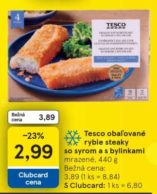 Tesco obal’ované rybie steaky so syrom a s bylinkami