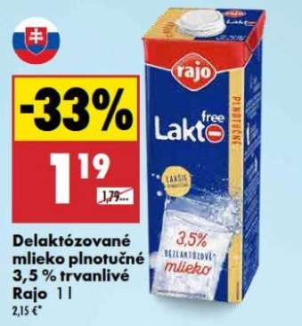 Delaktózované mlieko plnotučné 3,5% trvanlivé Rajo 1 l