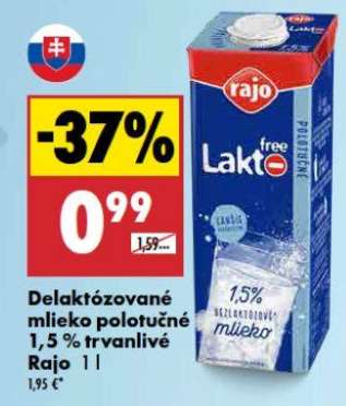 Delaktózované mlieko polotučné 1,5 % trvanlivé Rajo 1 l