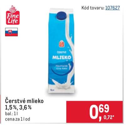 Čerstvé mlieko 1,5%, 3,6%
