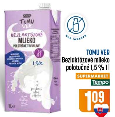 TOMU VER Bezlaktózové mlieko polotučné 1,5% 1l
