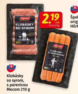 Klobásky so syrom, s parenicou Mecom 210 g