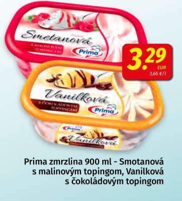 Prima zmrzlina 900 ml - Smotanová s malinovým topingom, Vanilková s čokoládovým topingom