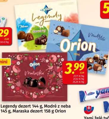 Legendy dezert 144 g, Modré z neba 145 g, Maraska dezert 158 g Orion