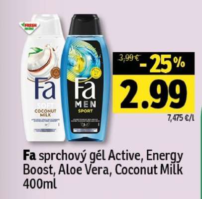 Fa sprchový gél Active, Energy Boost, Aloe Vera, Coconut Milk 400ml