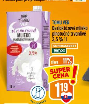 TOMU VER Bezlaktózové mlieko plnotučné trvanlivé 3,5% 1l