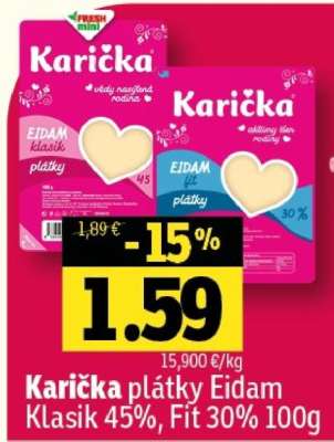 Karička plátky Eidam Klasik 45%, Fit 30% 100g