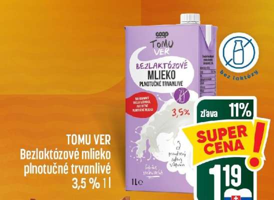 TOMU VER Bezlaktózové mlieko plnotučné trvanlivé 3,5% 1l