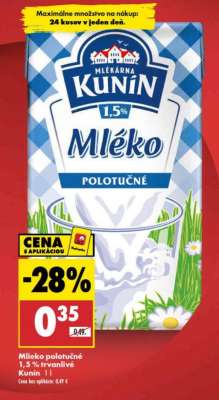 Mlieko polotučné 1,5% trvanlivé Kunín 1 l