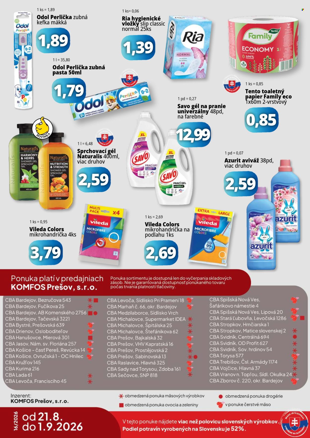 Leták CBA Komfos - 21.8.2026 - 1.9.2026. Strana 16