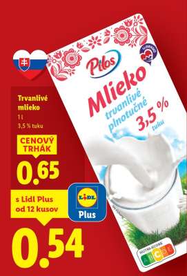 Mlieko trvanlivé plnotučné 3,5 % tuku