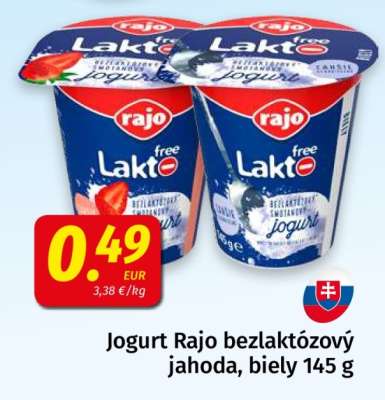 Jogurt Rajo bezlaktózový jahoda, biely 145 g